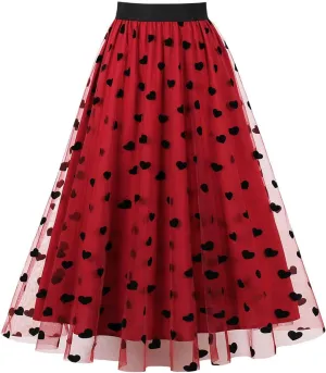 Tulle Maxi Skirt for Women Heart Print Mesh A Line High Waist Flowy Skirts Romantic Party Outfit