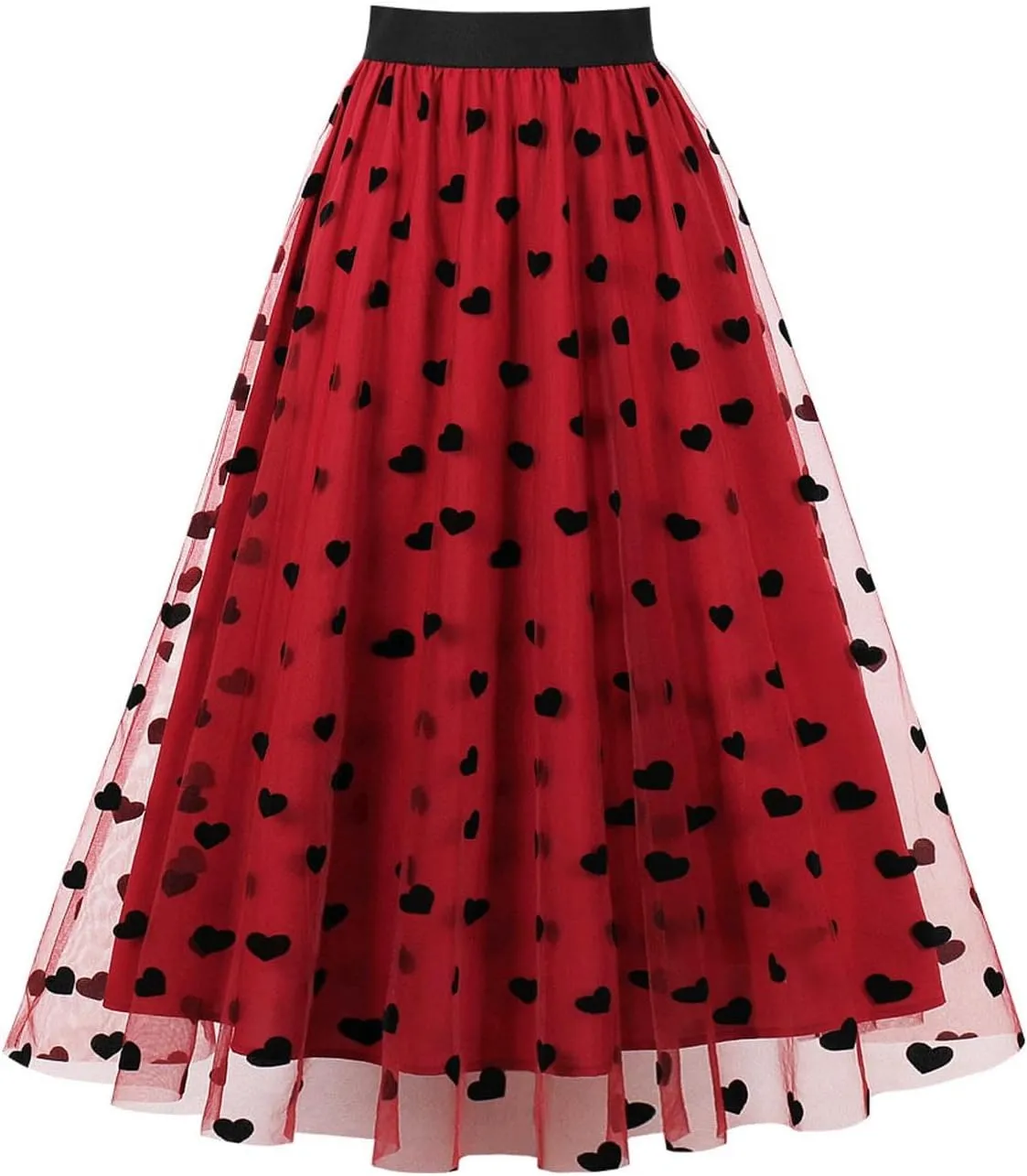Tulle Maxi Skirt for Women Heart Print Mesh A Line High Waist Flowy Skirts Romantic Party Outfit