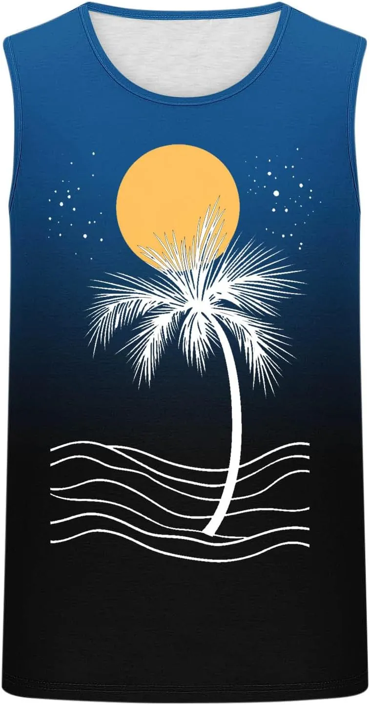 Uillui Mens Beach Tank Top Fashion Hawaiian Palm Graphic T-Shirts Summer Wokout Gym Sleeveless Muscle Tank Tops Vacation Tee