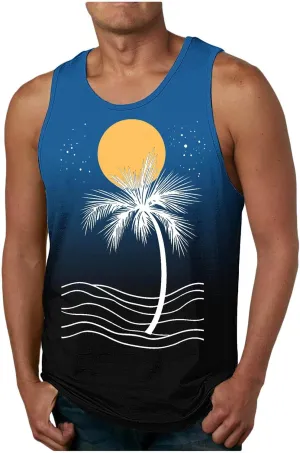 Uillui Mens Beach Tank Top Fashion Hawaiian Palm Graphic T-Shirts Summer Wokout Gym Sleeveless Muscle Tank Tops Vacation Tee