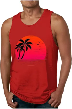 Uillui Men's Graphic T-Shirts Palm Tree Beach Shirts Summer Gym Workout Sleeveless Muscle Tank Tops Casual Cotton Tank Tops