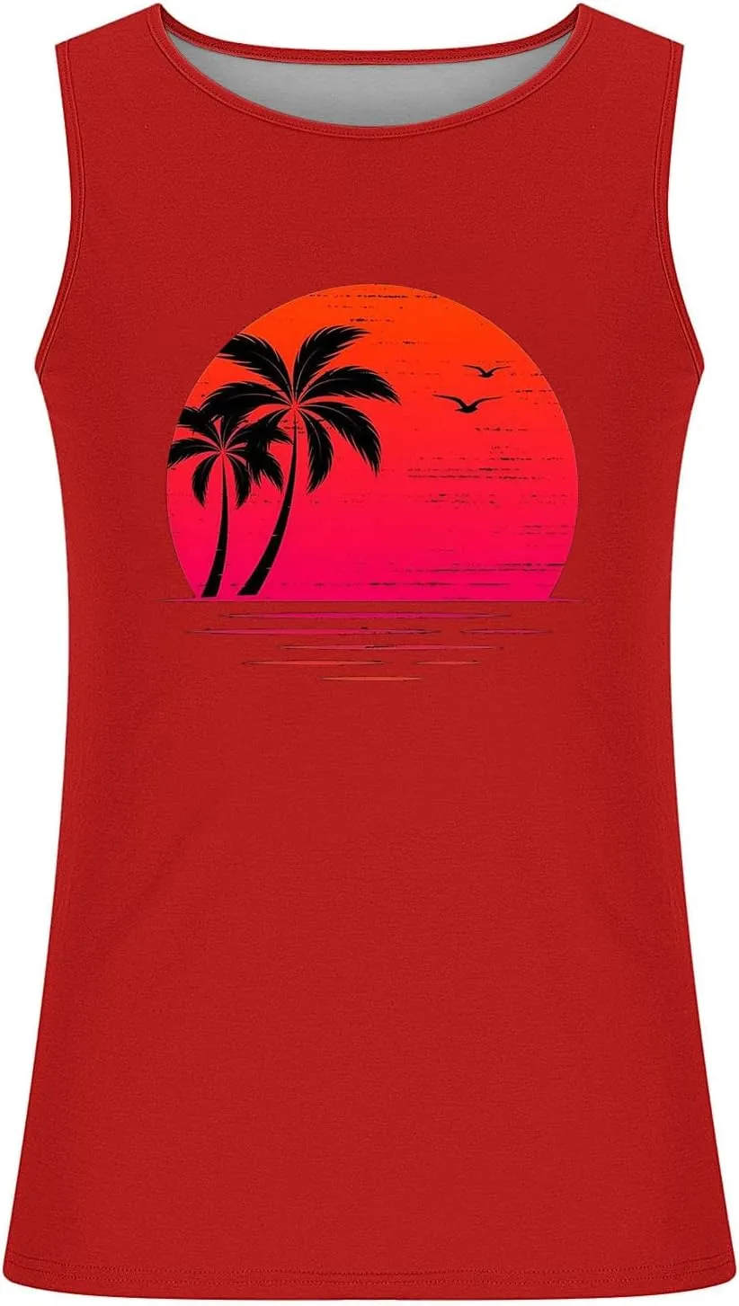 Uillui Men's Graphic T-Shirts Palm Tree Beach Shirts Summer Gym Workout Sleeveless Muscle Tank Tops Casual Cotton Tank Tops