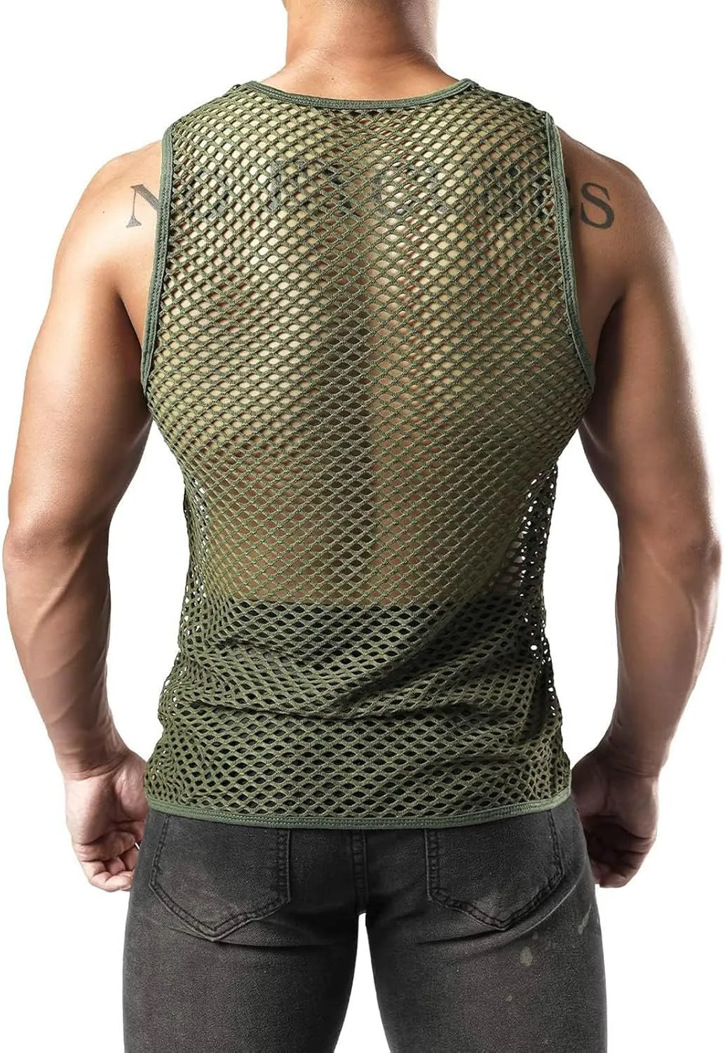 Uillui Men's Mesh Fishnet Muscle Shirts See Through Mesh Party Vest Tops Workout Muscle Tank Fitted Crew Neck Base Layer Tee