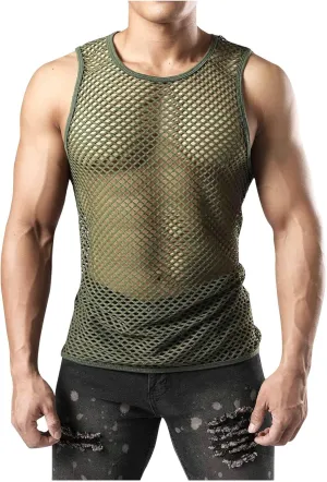 Uillui Men's Mesh Fishnet Muscle Shirts See Through Mesh Party Vest Tops Workout Muscle Tank Fitted Crew Neck Base Layer Tee