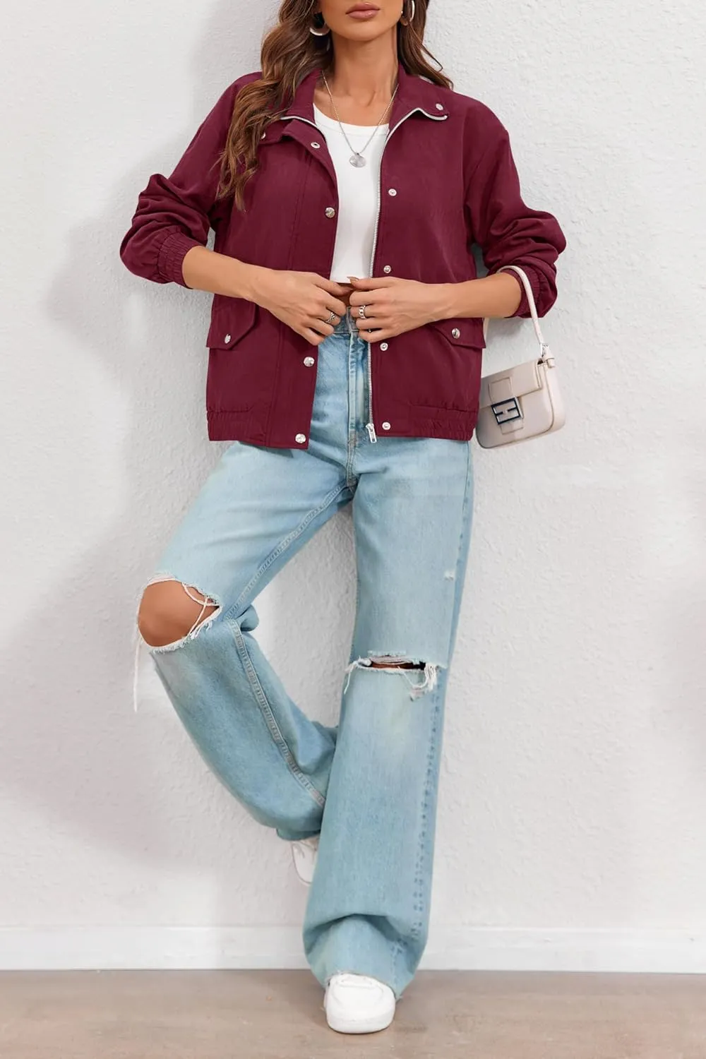 Valpweet Women'S Bomber Jacket Zip Up Casual Sweatshirts Jackets Long Sleeve Lightweight Loose Outwear