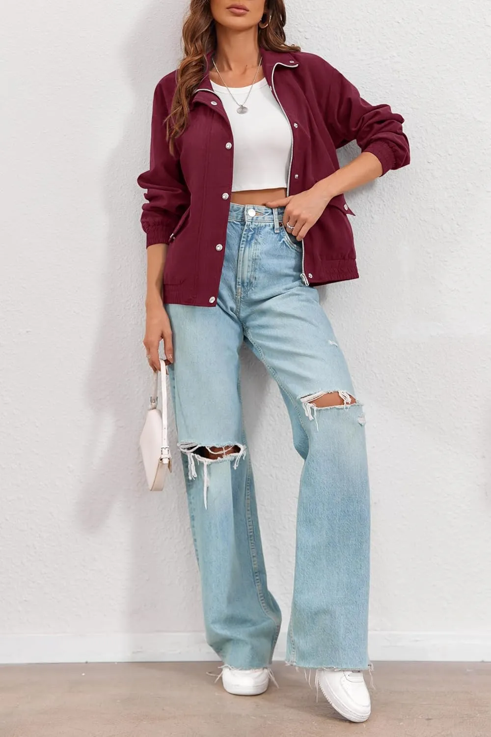 Valpweet Women'S Bomber Jacket Zip Up Casual Sweatshirts Jackets Long Sleeve Lightweight Loose Outwear