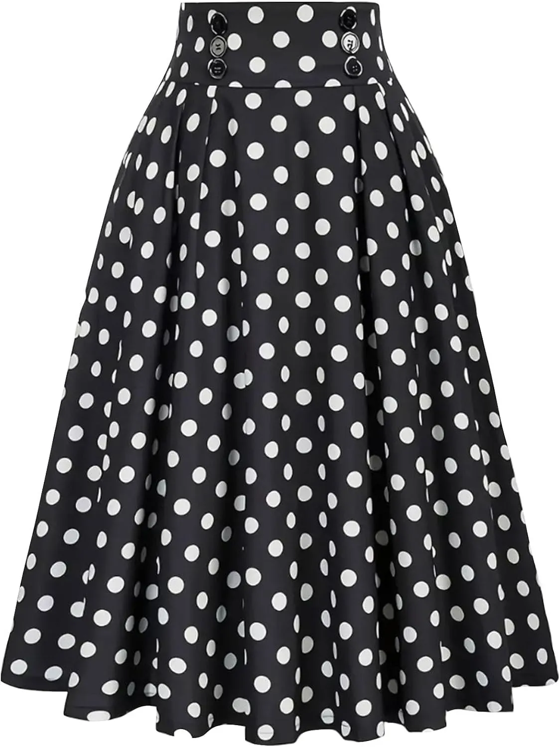 Vintage Polka Dot Skirt for Women High Elastic Waist Pleated Flare Midi Long Skirt Button Party A-Line Swing Skirts