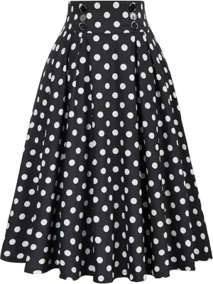 Vintage Polka Dot Skirt for Women High Elastic Waist Pleated Flare Midi Long Skirt Button Party A-Line Swing Skirts