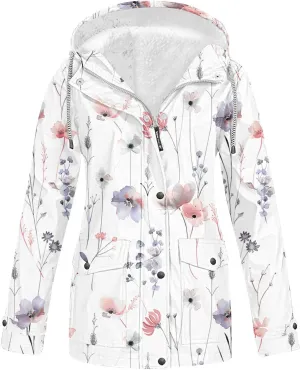 Water Repellent Jackets Women Trendy Printed Hooded Raincoat Lightweight Waterproof Windbreaker Hiking Rain Jackets
