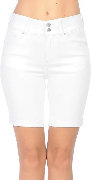 WAX JEAN Women's Juniors Butt I Love You High Rise Push-Up 2 Button Bermuda Denim Shorts