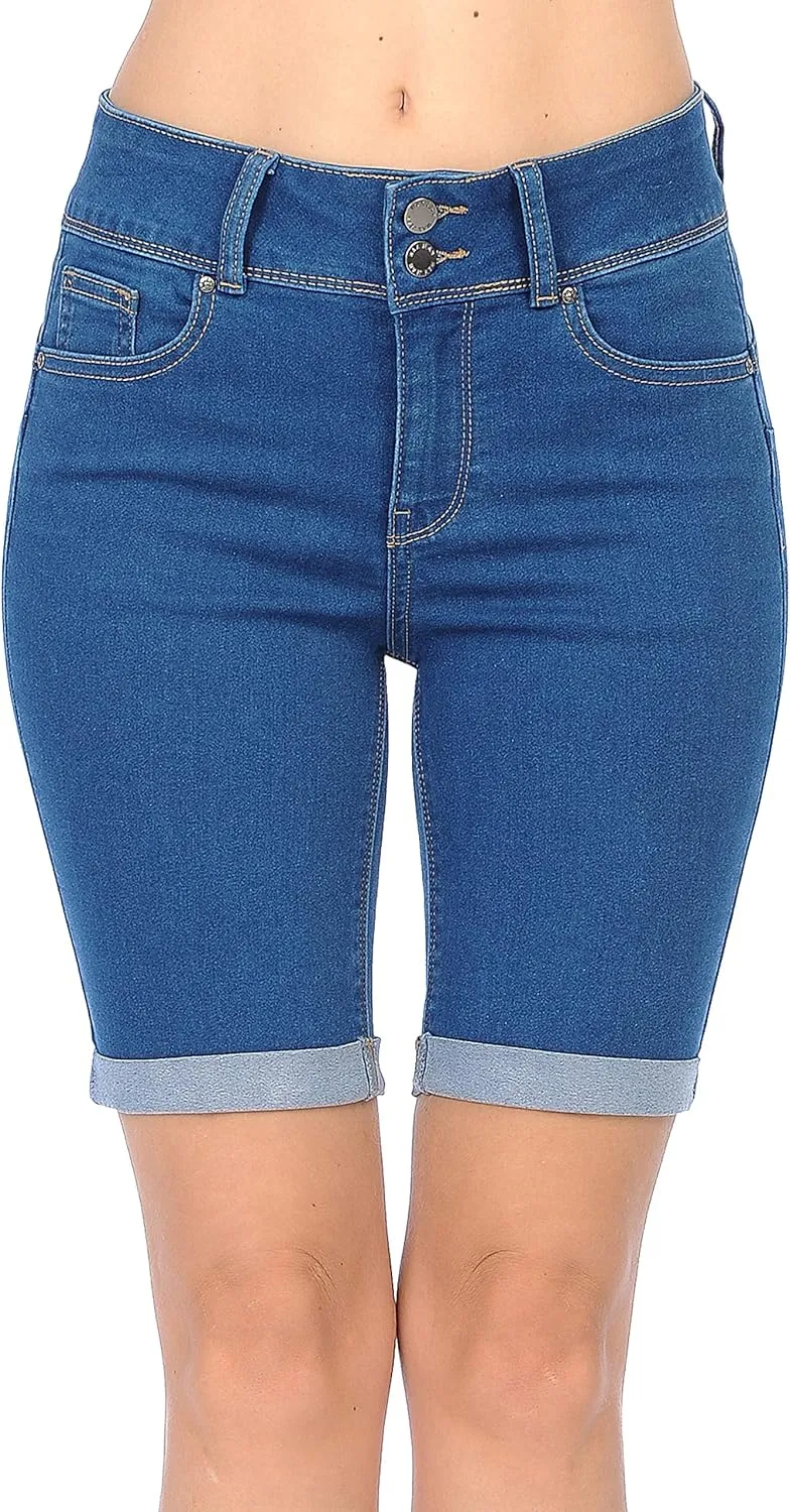 WAX JEAN Women's Juniors Butt I Love You High Rise Push-Up 2 Button Bermuda Denim Shorts