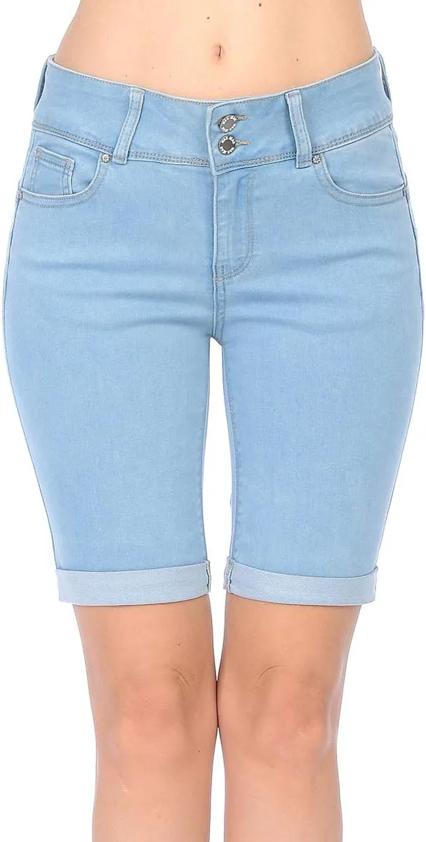 WAX JEAN Women's Juniors Butt I Love You High Rise Push-Up 2 Button Bermuda Denim Shorts