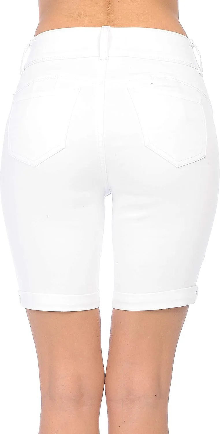 WAX JEAN Women's Juniors Butt I Love You High Rise Push-Up 2 Button Bermuda Denim Shorts