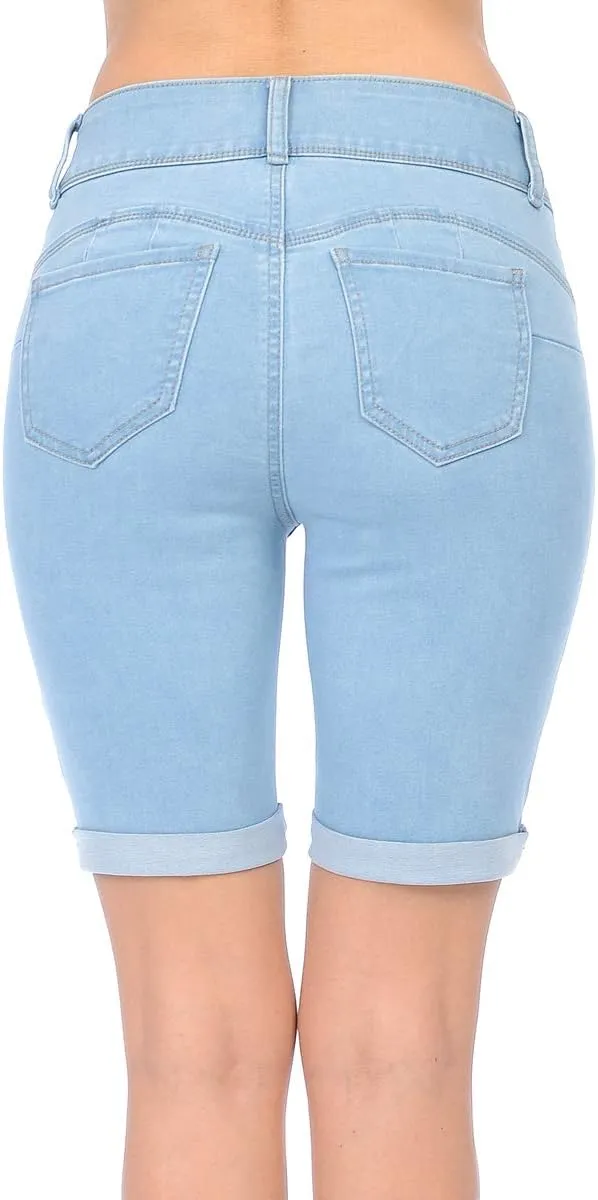 WAX JEAN Women's Juniors Butt I Love You High Rise Push-Up 2 Button Bermuda Denim Shorts