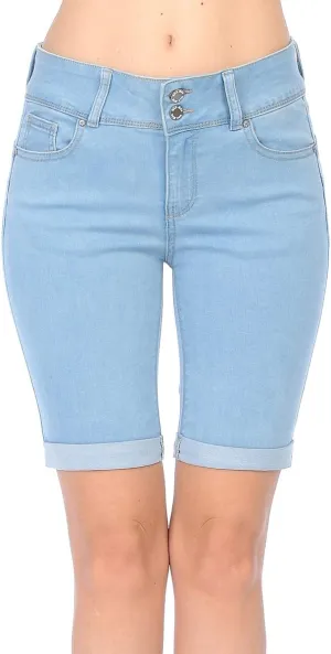 WAX JEAN Women's Juniors Butt I Love You High Rise Push-Up 2 Button Bermuda Denim Shorts