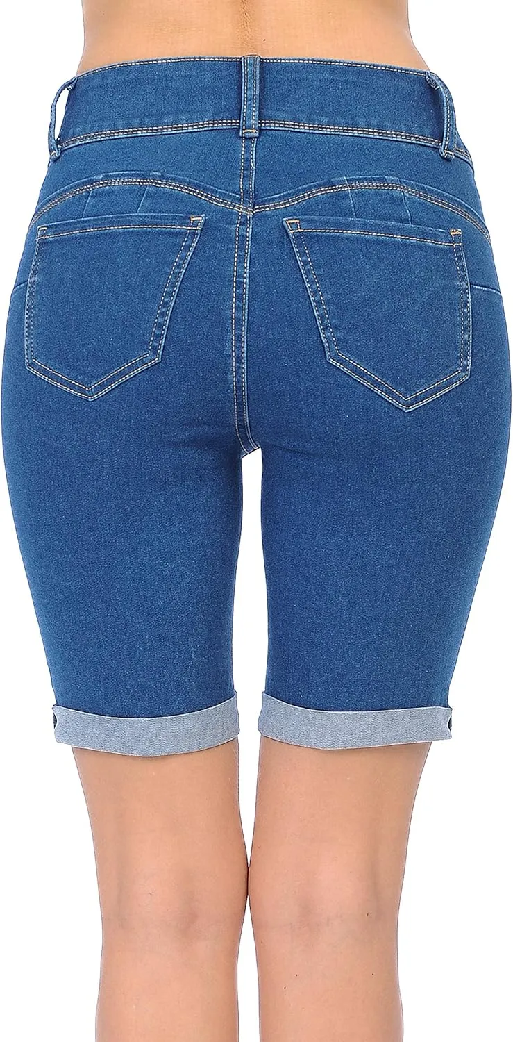 WAX JEAN Women's Juniors Butt I Love You High Rise Push-Up 2 Button Bermuda Denim Shorts