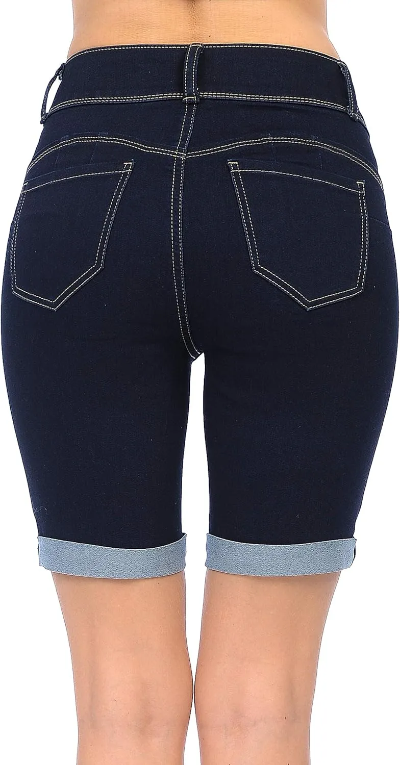 WAX JEAN Women's Juniors Butt I Love You High Rise Push-Up 2 Button Bermuda Denim Shorts