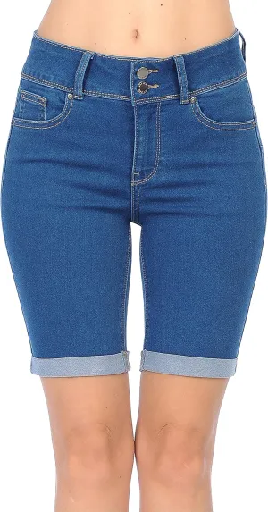 WAX JEAN Women's Juniors Butt I Love You High Rise Push-Up 2 Button Bermuda Denim Shorts