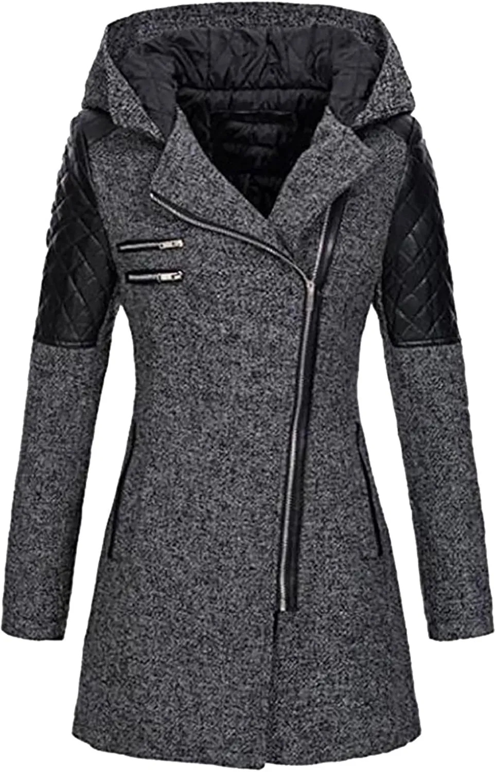 Winter Coat for Women Zip Up Wool Blend Jackets Asymmetric Hooded Patchwork Novelty Trendy 2024 Fall/Winter Jackets