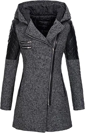 Winter Coat for Women Zip Up Wool Blend Jackets Asymmetric Hooded Patchwork Novelty Trendy 2024 Fall/Winter Jackets