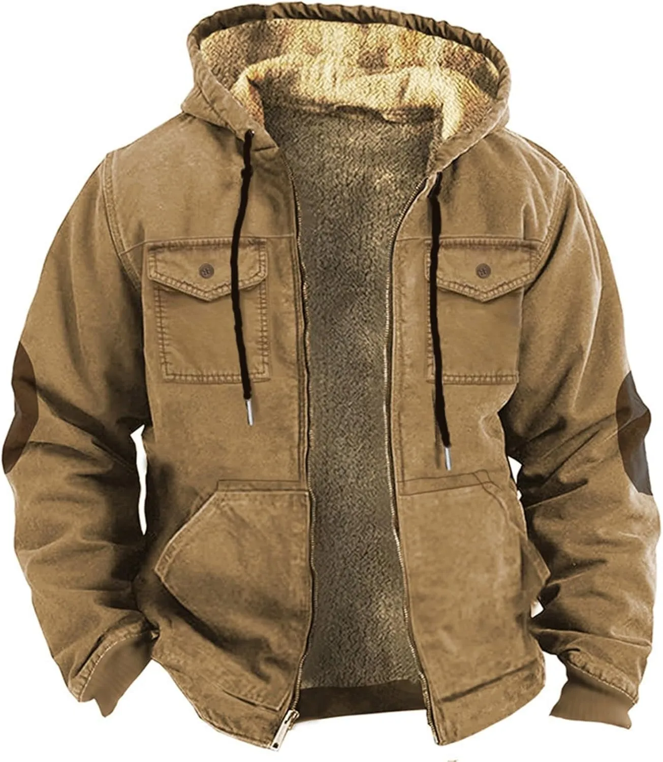 Winter Coats For Men Solid Hooded Zipper Warm Cardigan Knitted Coat Washed Duck Sherpa-Lined Utility Jacket Peacoat
