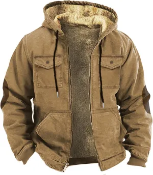 Winter Coats For Men Solid Hooded Zipper Warm Cardigan Knitted Coat Washed Duck Sherpa-Lined Utility Jacket Peacoat