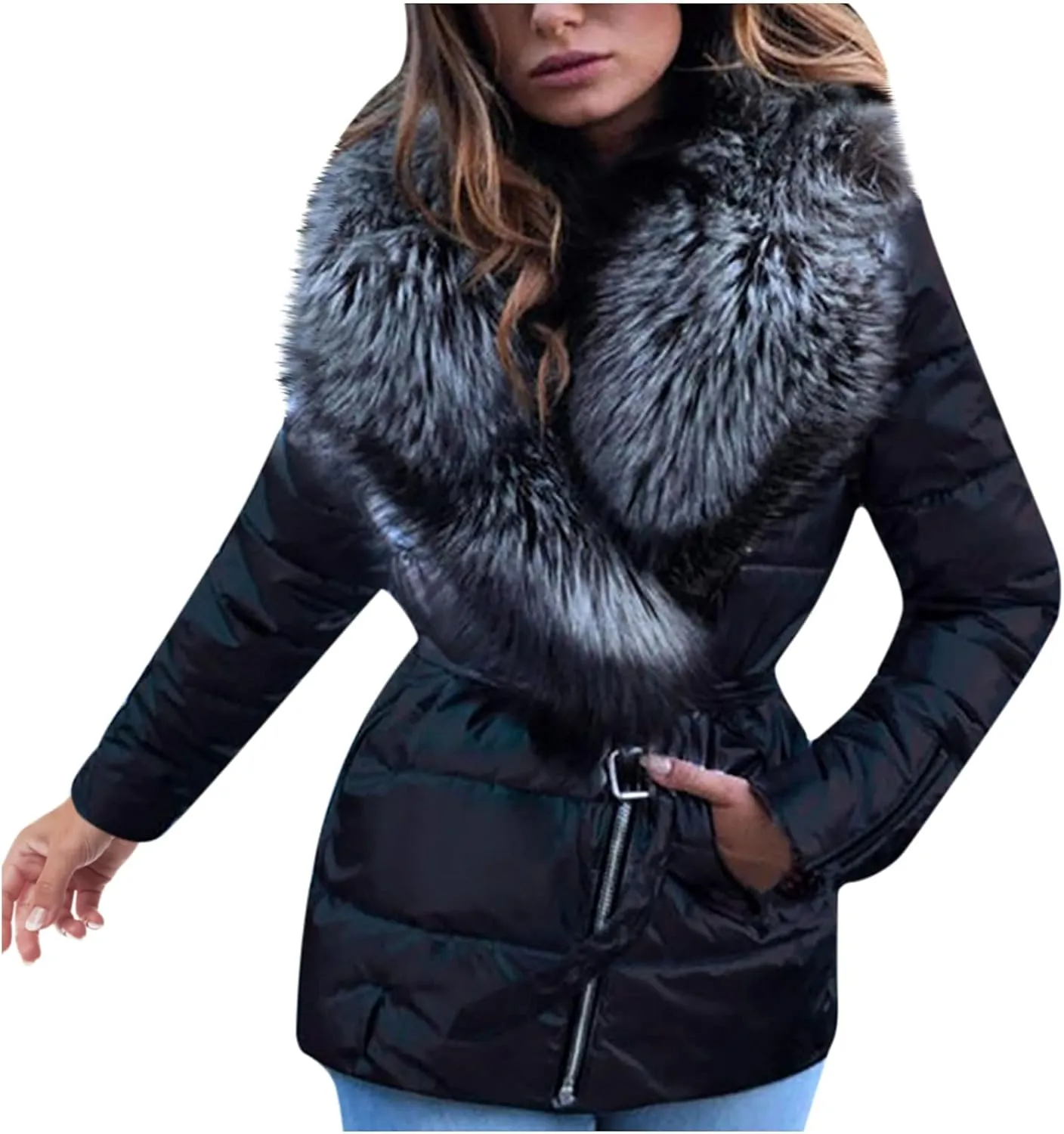 Winter Coats for Women 2024 Bright Down Puffer Quilted Jackets Zip Up Belted Outerwear with Faux Fur Collar