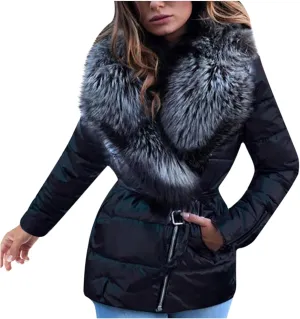 Winter Coats for Women 2024 Bright Down Puffer Quilted Jackets Zip Up Belted Outerwear with Faux Fur Collar