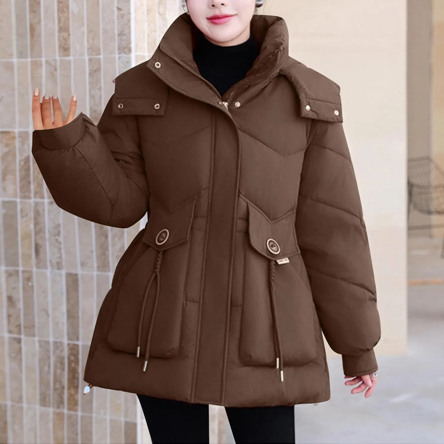 Winter Jackets for Women Full-Zip Windproof Down Coats Fashion Puffer Jackets Warm Thicken Hooded Quilted Outerwear