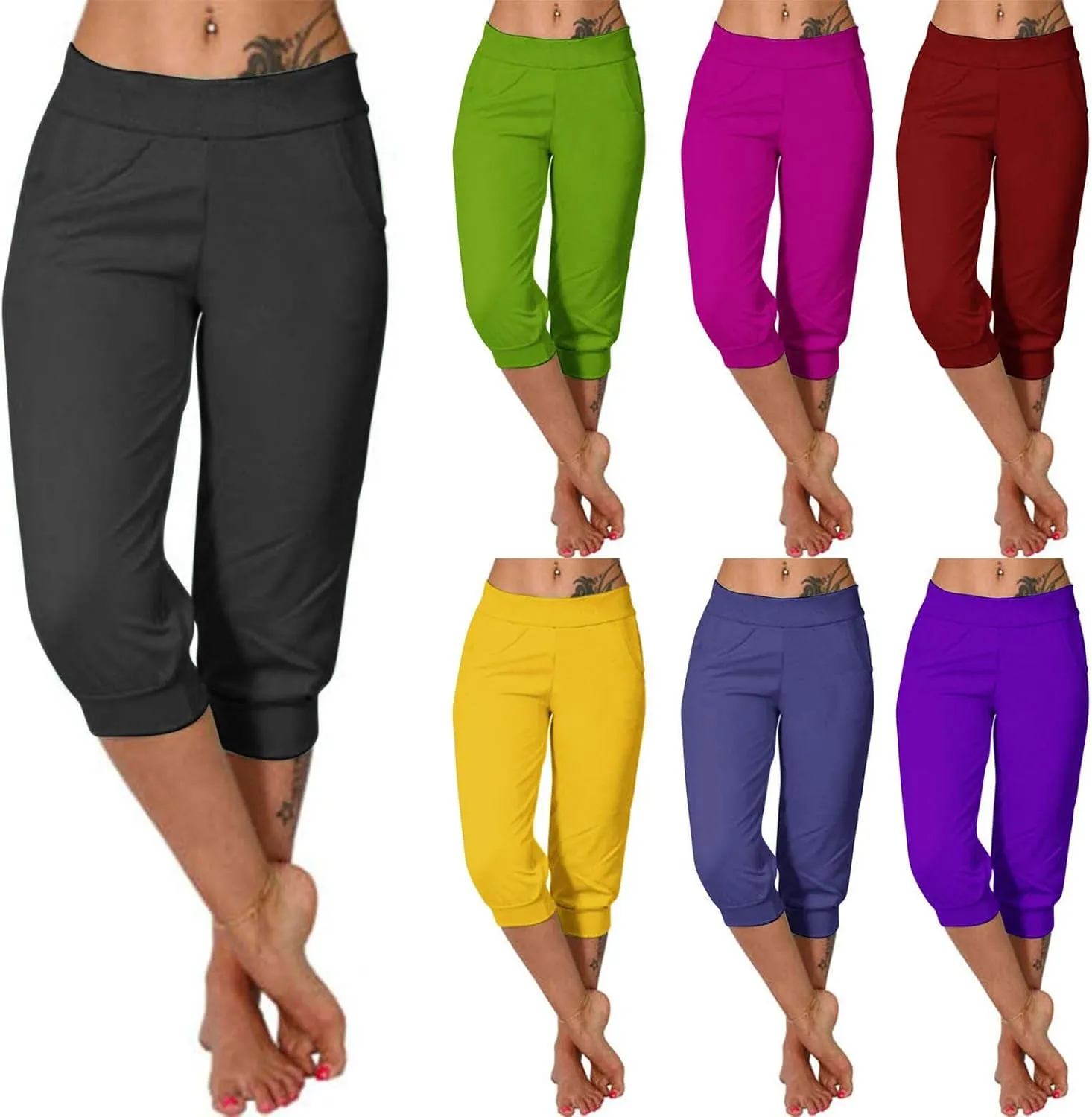 Wkishenl Women's Capri Joggers Summer Elestic Solid Color Capri Pants Cuffed Athletic Casual Soft Sweatpants with Pockets