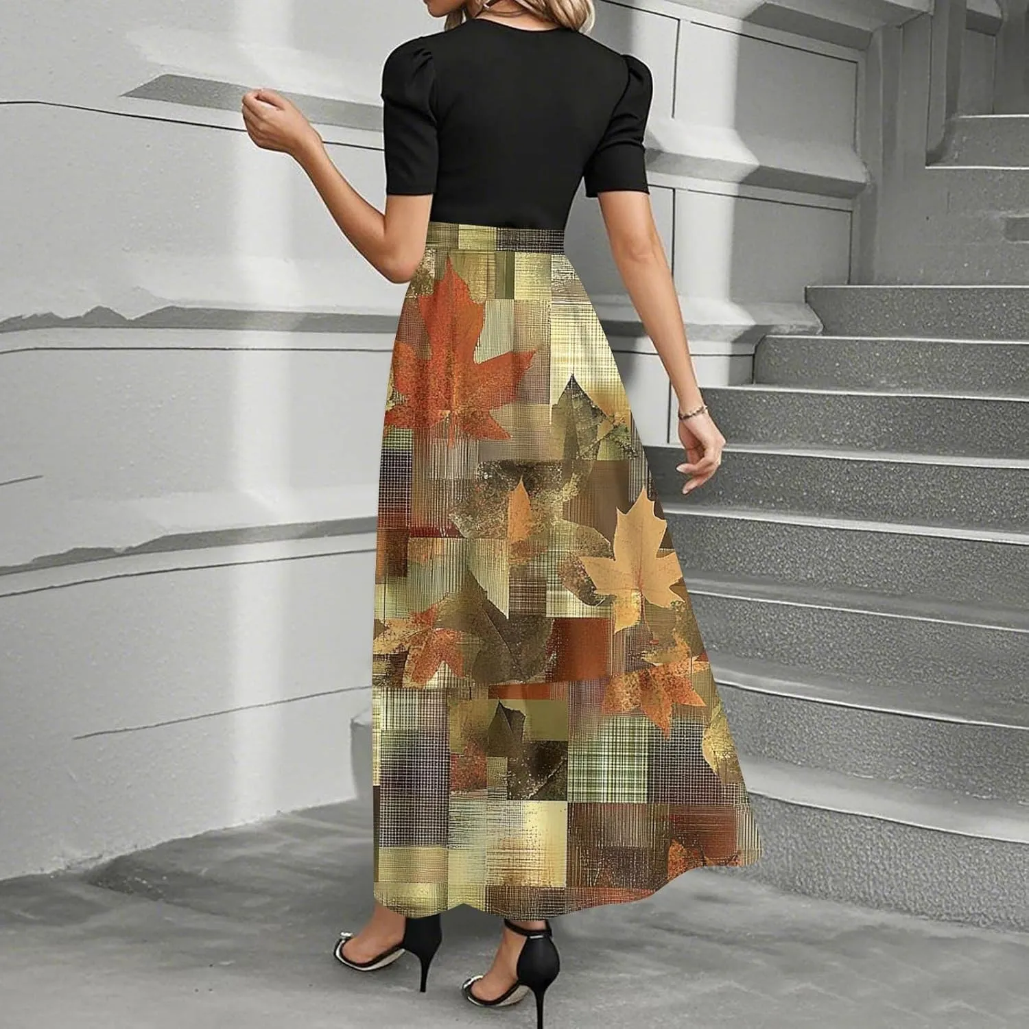 Women 2025 Floral Print Wrap Short Sleeve Maxi Dress- Patchwork Ruffle Hem A Line Dress Wedding Guest Dresses
