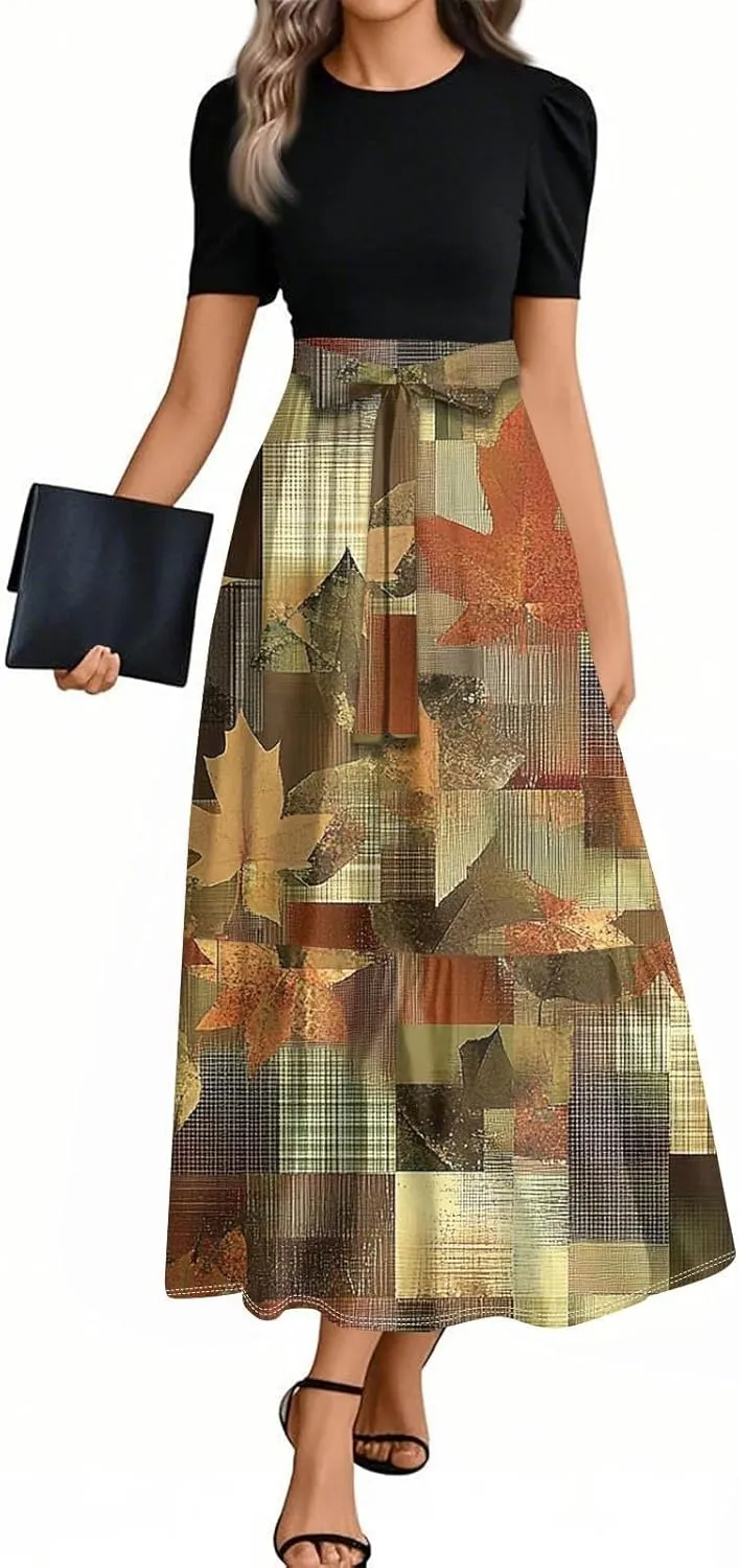 Women 2025 Floral Print Wrap Short Sleeve Maxi Dress- Patchwork Ruffle Hem A Line Dress Wedding Guest Dresses