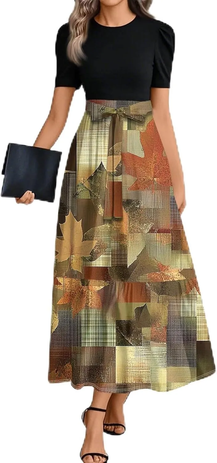 Women 2025 Floral Print Wrap Short Sleeve Maxi Dress- Patchwork Ruffle Hem A Line Dress Wedding Guest Dresses