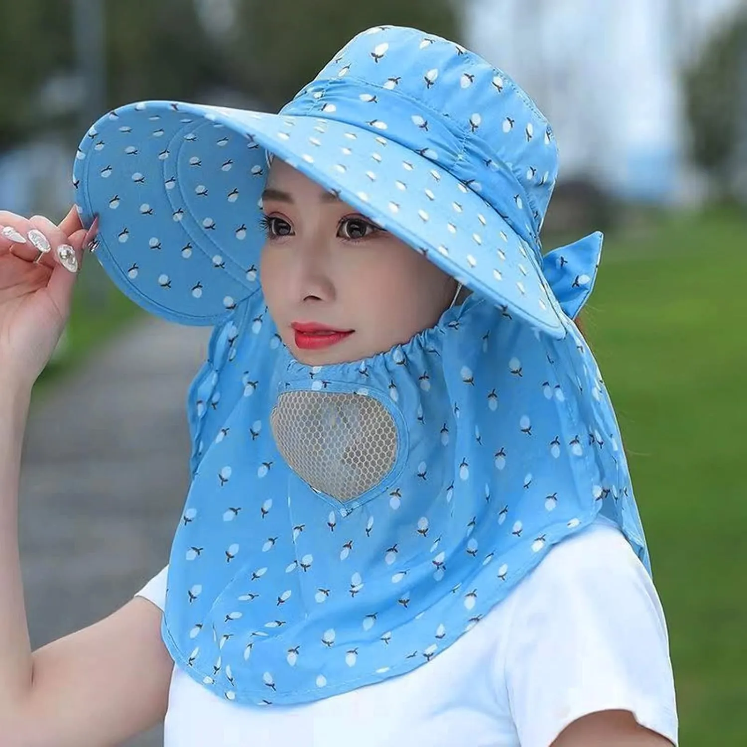 Women Adjustable Print Sun Hats Wide Brim Shawls Breathable Sunscreen Sun Hats Outdoor Riding Ponytail Visors Cap