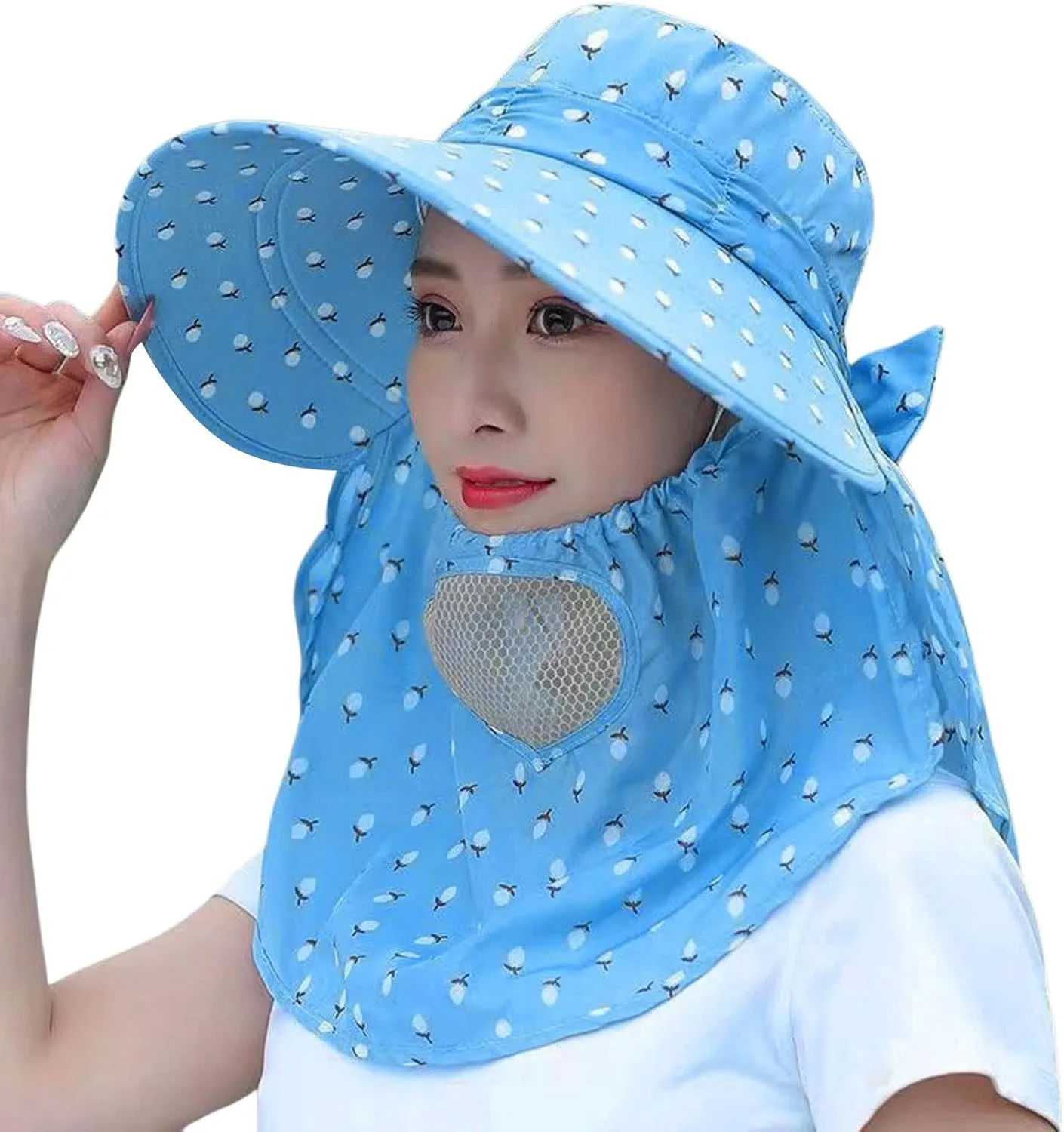Women Adjustable Print Sun Hats Wide Brim Shawls Breathable Sunscreen Sun Hats Outdoor Riding Ponytail Visors Cap