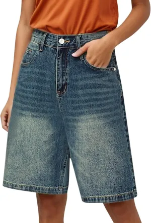 Women Bermuda Denim Shorts Casual High Rise Jean Shorts Straight Wide Leg Jeans Short Summer Lounge Pants w/Pockets