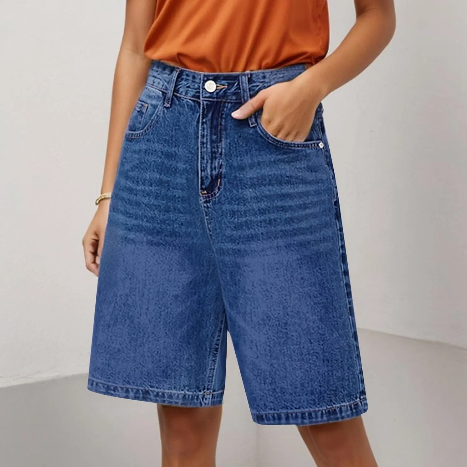 Women Bermuda Denim Shorts Casual High Rise Jean Shorts Straight Wide Leg Jeans Short Summer Lounge Pants w/Pockets