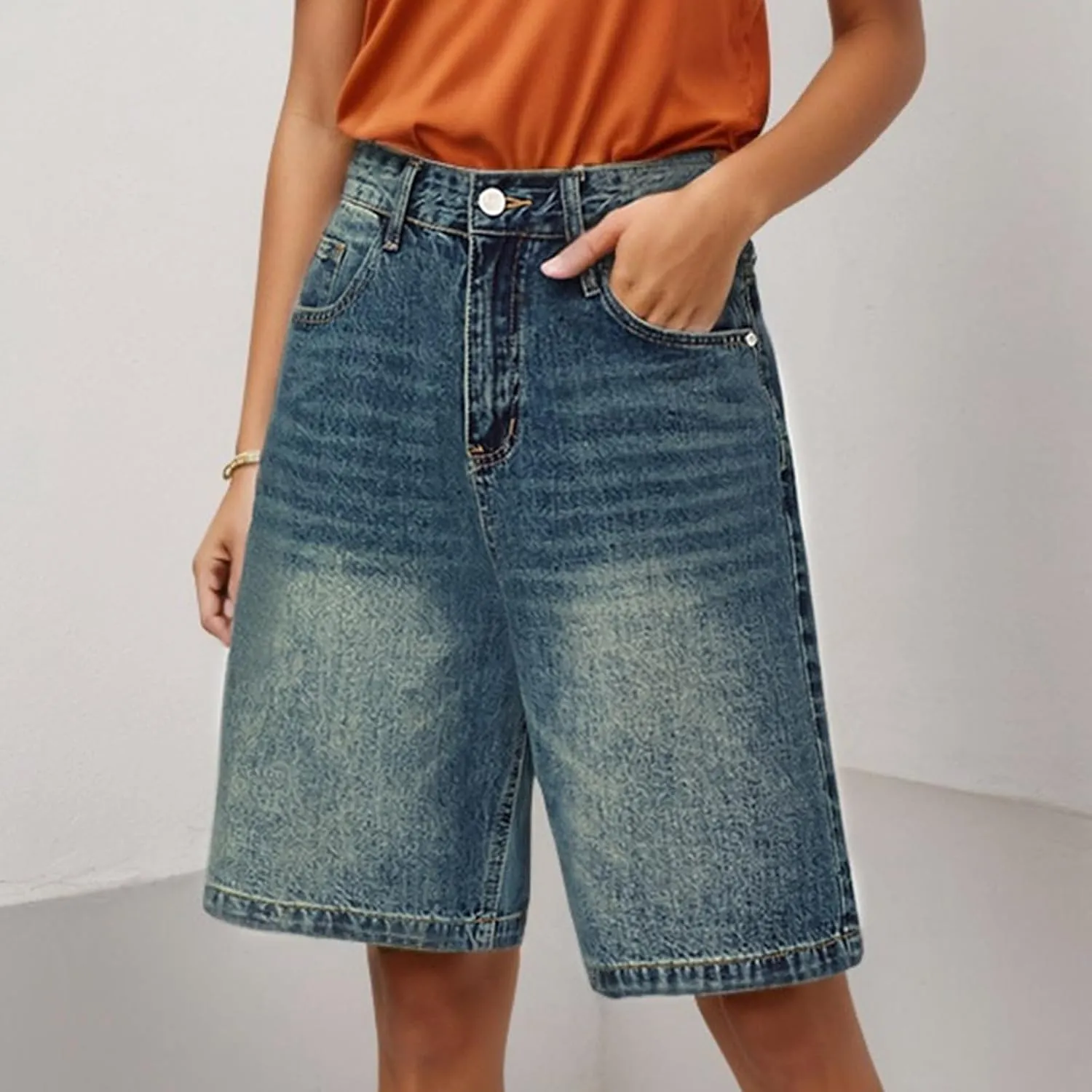Women Bermuda Denim Shorts Casual High Rise Jean Shorts Straight Wide Leg Jeans Short Summer Lounge Pants w/Pockets