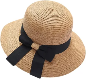 Women Bow Straw Hat Foldable Sunscreen Beach Bucket Hats Summer Sunshade Wide Brim Sun Hats