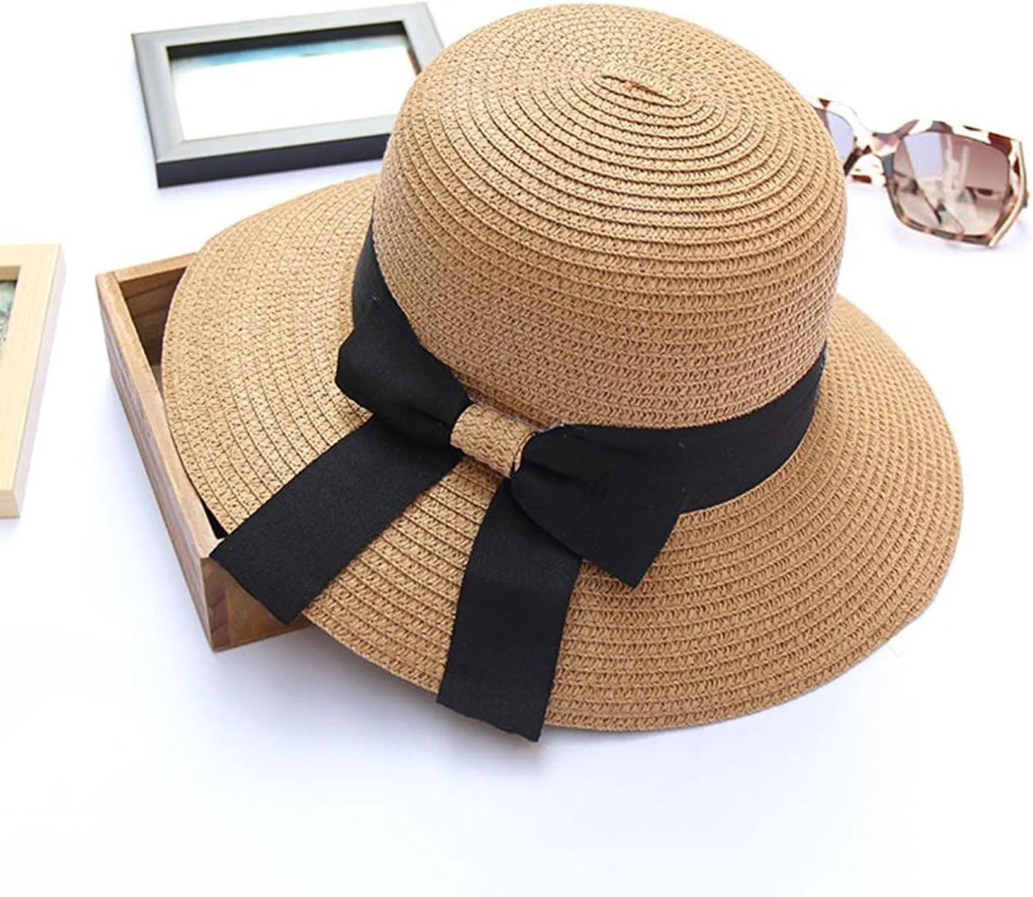 Women Bow Straw Hat Foldable Sunscreen Beach Bucket Hats Summer Sunshade Wide Brim Sun Hats