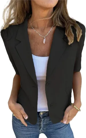 Women Casual Blazer Elegant Short Sleeve Collared Open Front Suit Jackets Spring Work Office Jacket Dressy Clothes