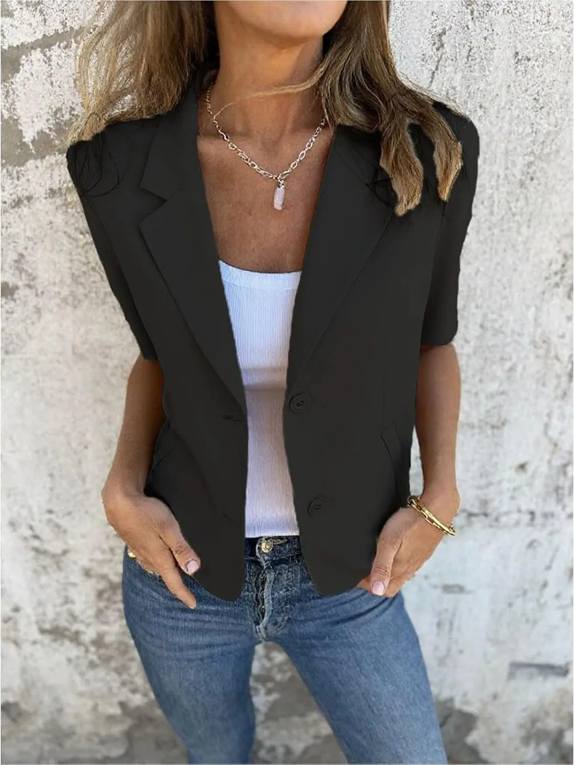 Women Casual Blazer Elegant Short Sleeve Collared Open Front Suit Jackets Spring Work Office Jacket Dressy Clothes