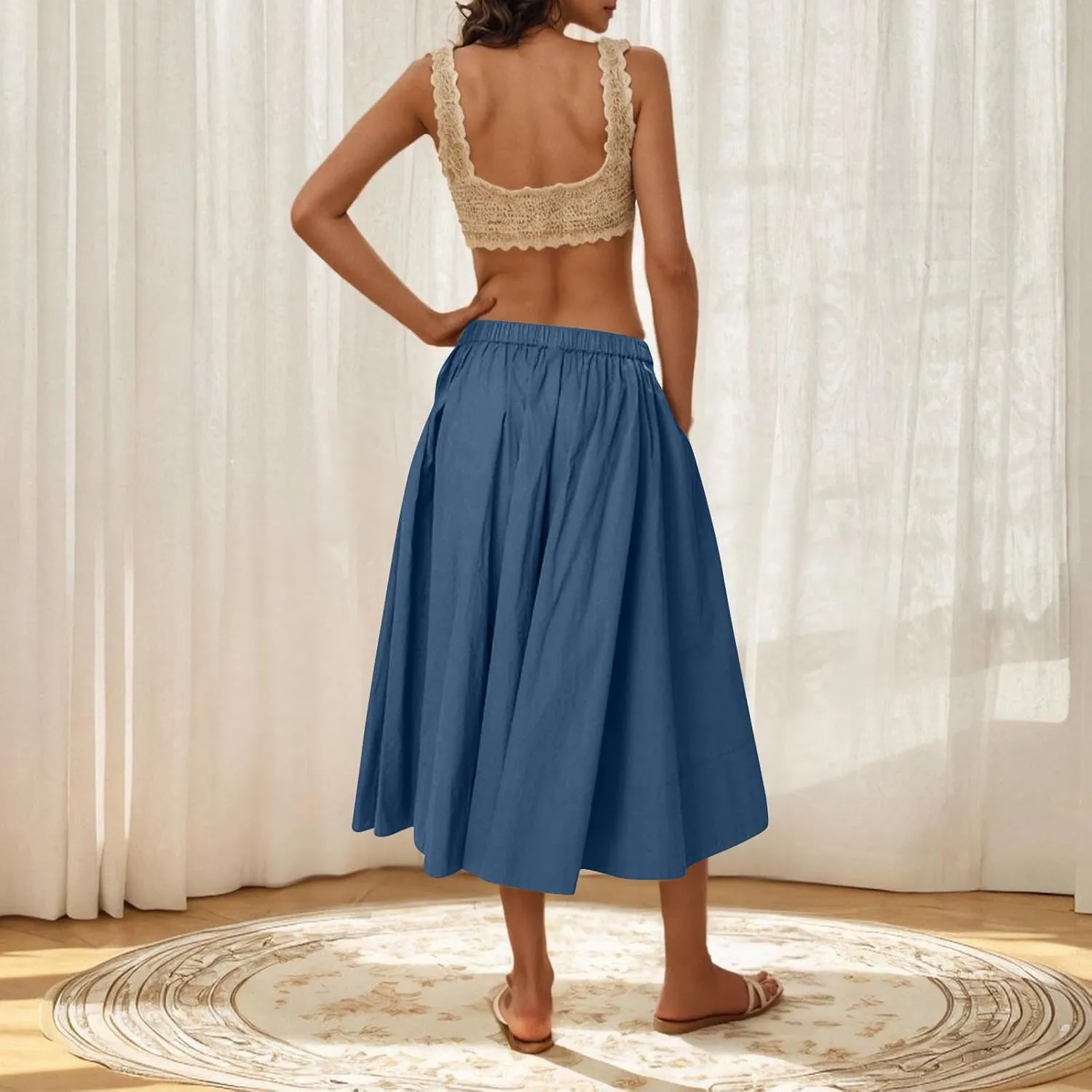 Women Casual Midi Skirt Summer Business Pleated Skirts Elastic High Waist Flowy A Line Dress Beach Vacation Clothes