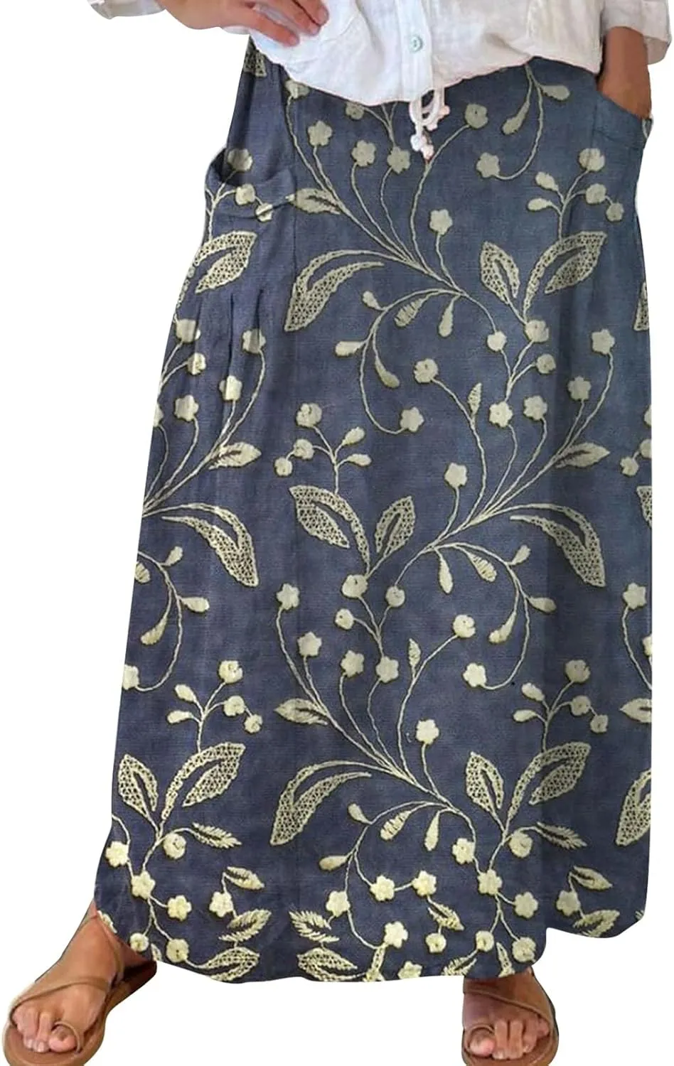 Women Elastic High Waist Boho Floral Maxi Skirt Tiered Pleated Flowy Long Summer Casual Beach Skirt
