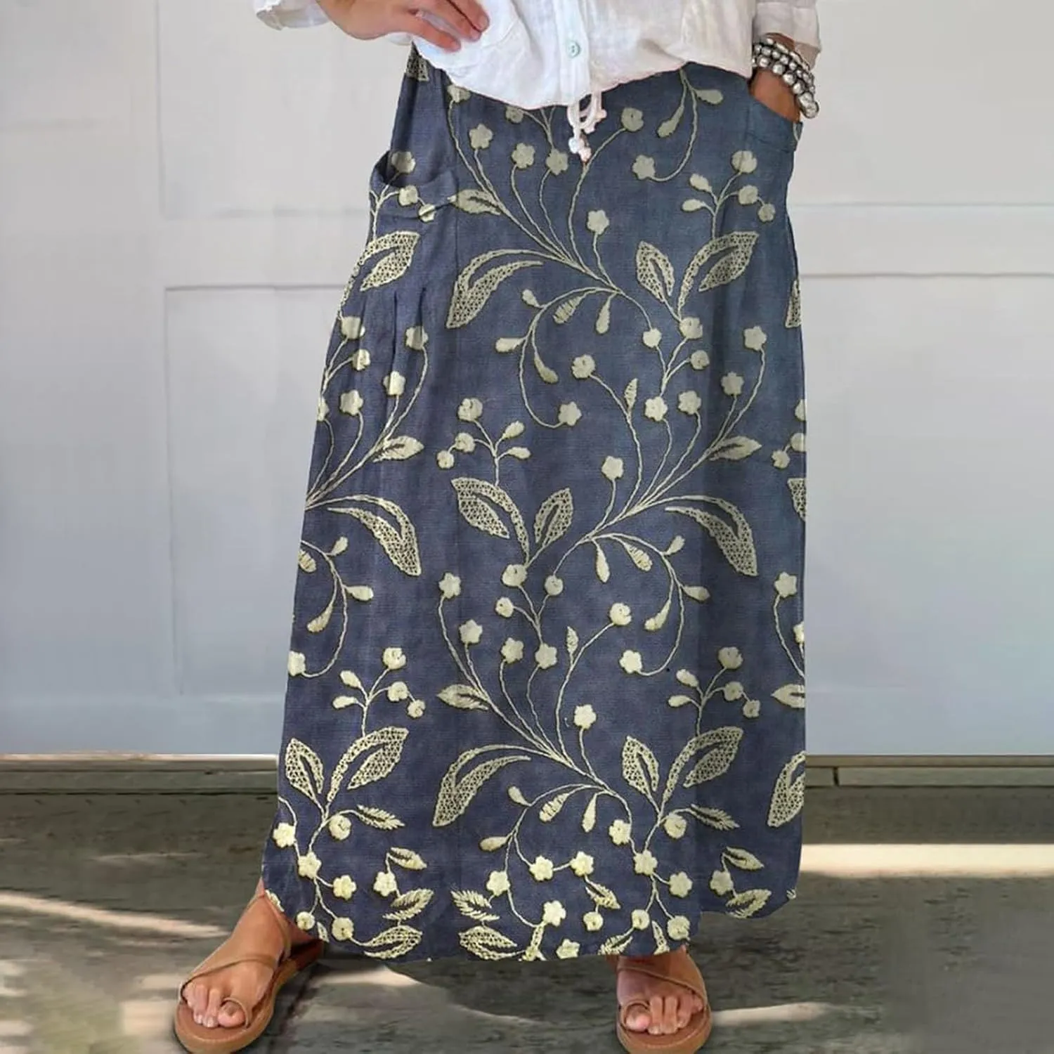 Women Elastic High Waist Boho Floral Maxi Skirt Tiered Pleated Flowy Long Summer Casual Beach Skirt