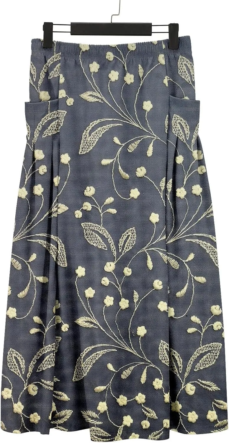 Women Elastic High Waist Boho Floral Maxi Skirt Tiered Pleated Flowy Long Summer Casual Beach Skirt