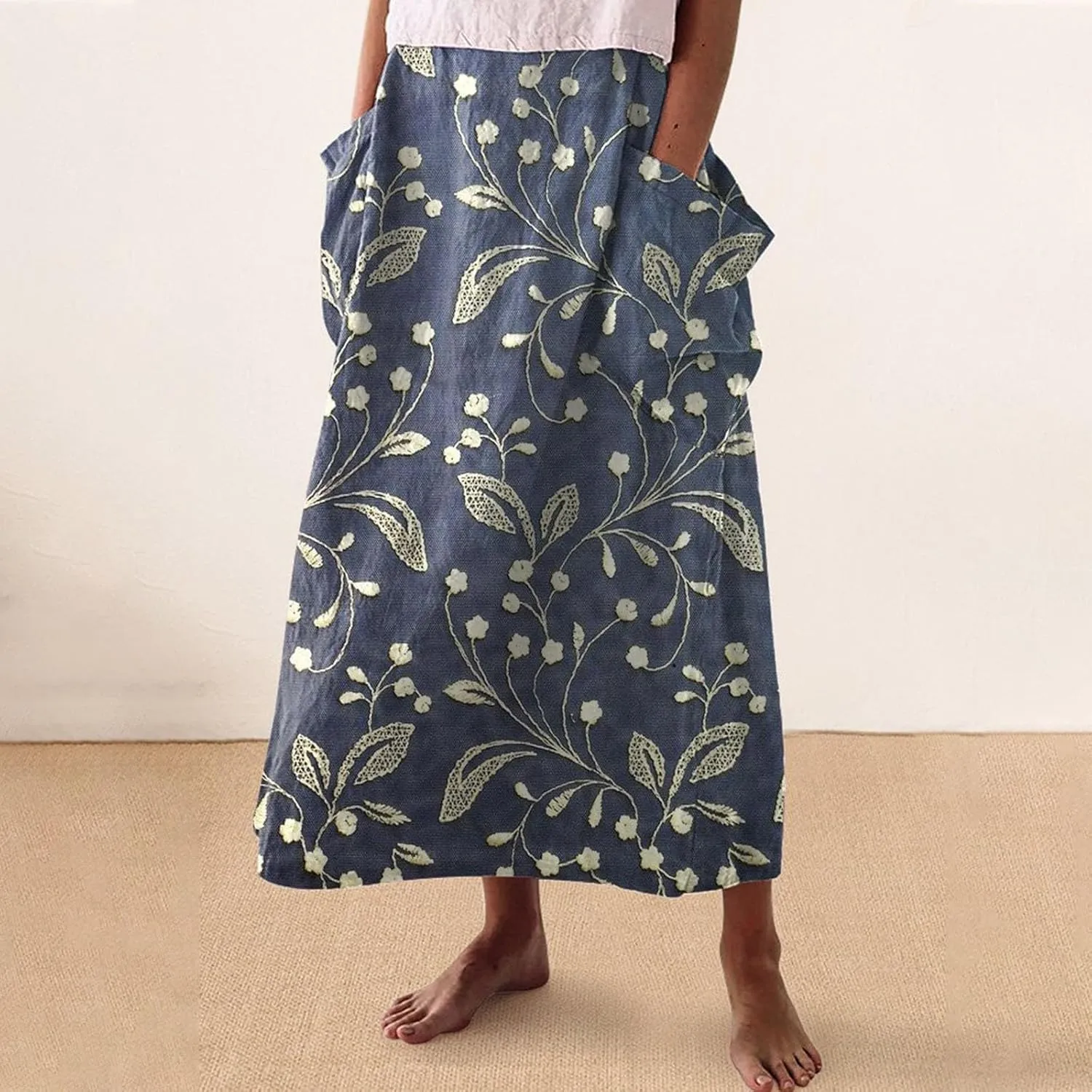 Women Elastic High Waist Boho Floral Maxi Skirt Tiered Pleated Flowy Long Summer Casual Beach Skirt
