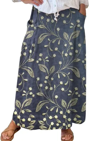 Women Elastic High Waist Boho Floral Maxi Skirt Tiered Pleated Flowy Long Summer Casual Beach Skirt