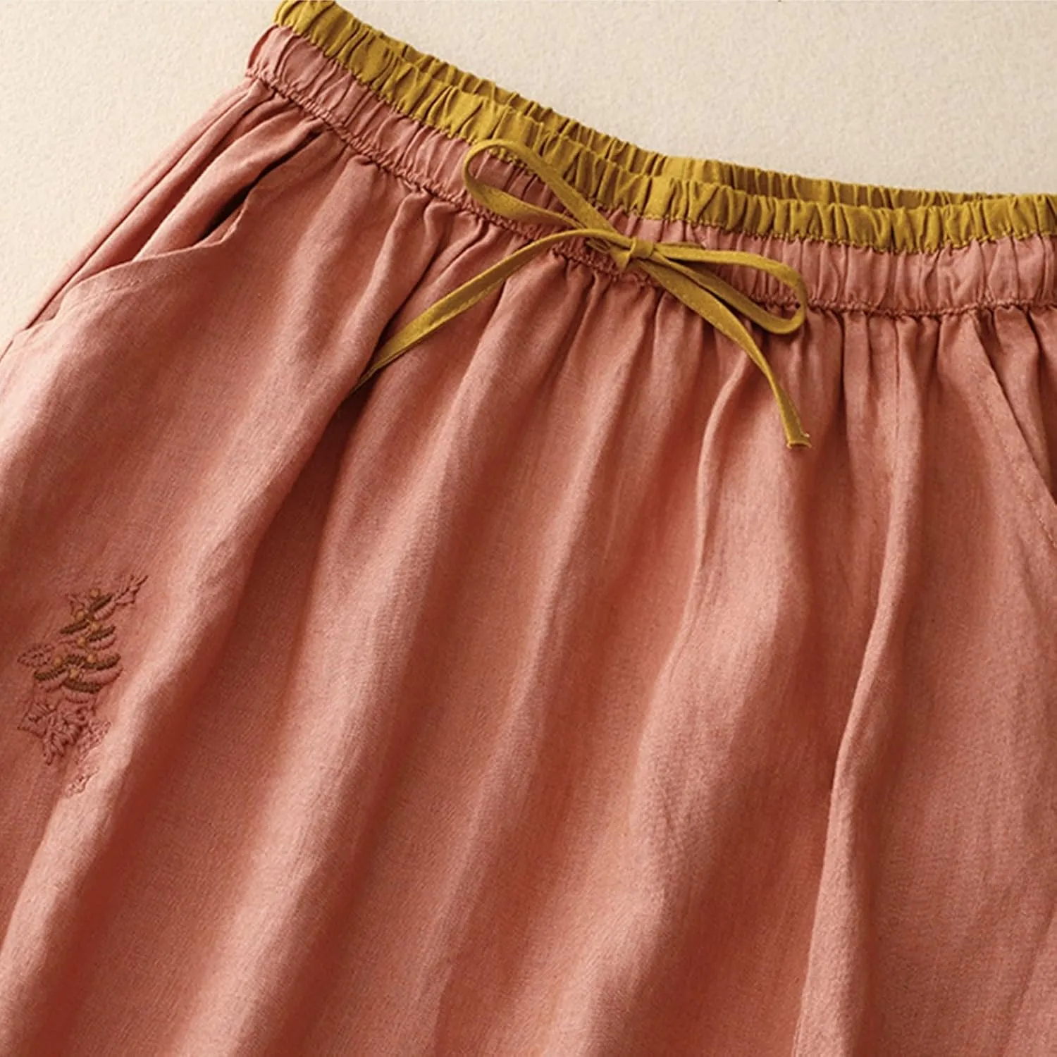 Women Embroidery Cotton Linen Skirt Drawstring Waist A Line Flowy Skirts Slit Color Block Boho Dress with Pockets
