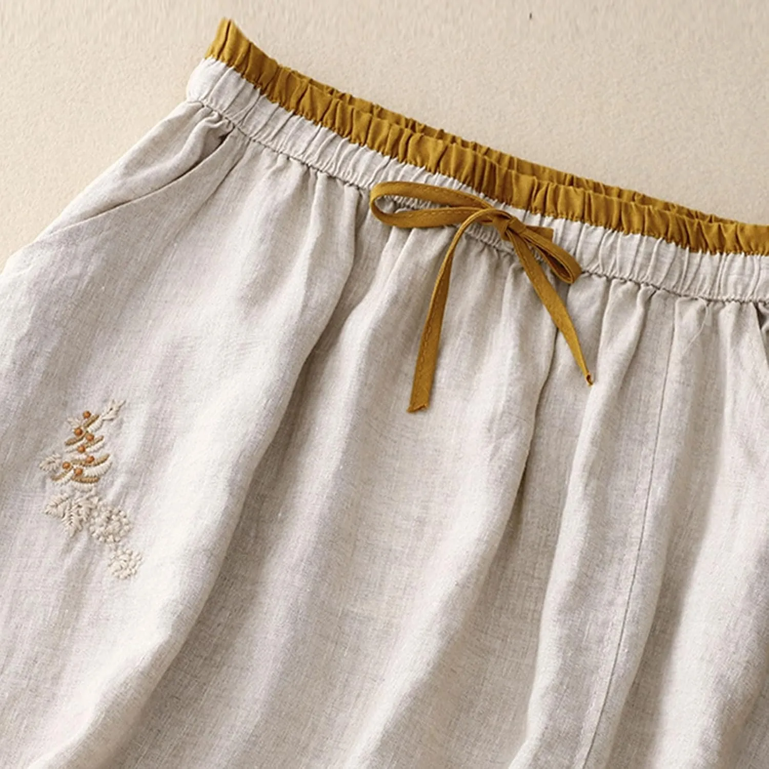 Women Embroidery Cotton Linen Skirt Drawstring Waist A Line Flowy Skirts Slit Color Block Boho Dress with Pockets
